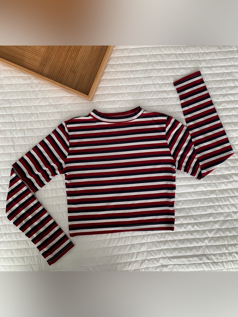 Striped Crop Top Women M Red White Blue Mock Neck Long Sleeves Lightweight Silky